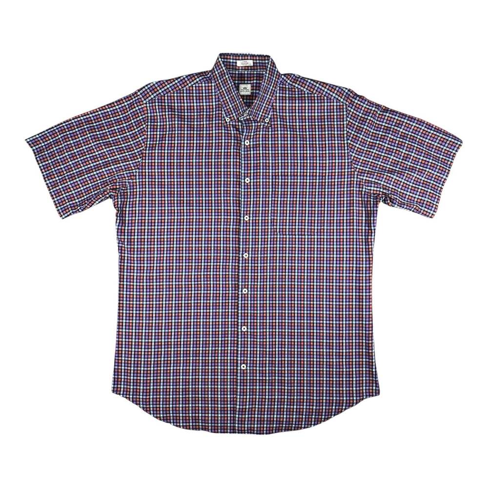 Peter Millar Men's Large Short Sleeve Button Down Plaid Shirt-Large